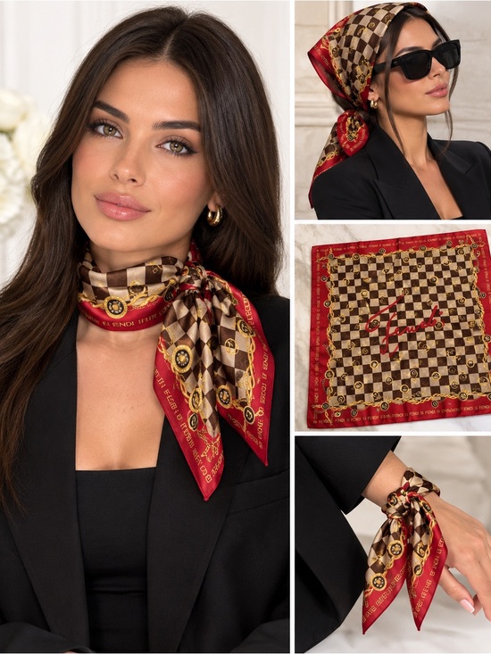Fendi Accessories - VINTAGE FENDI Brown Red Gold Chain Checkerboard Logo Scarf Bandana 18"x18"